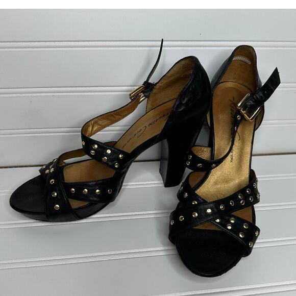 Kenneth Cole NY genuine leather‎ black strappy heels studs buckle gold - Picture 5 of 10